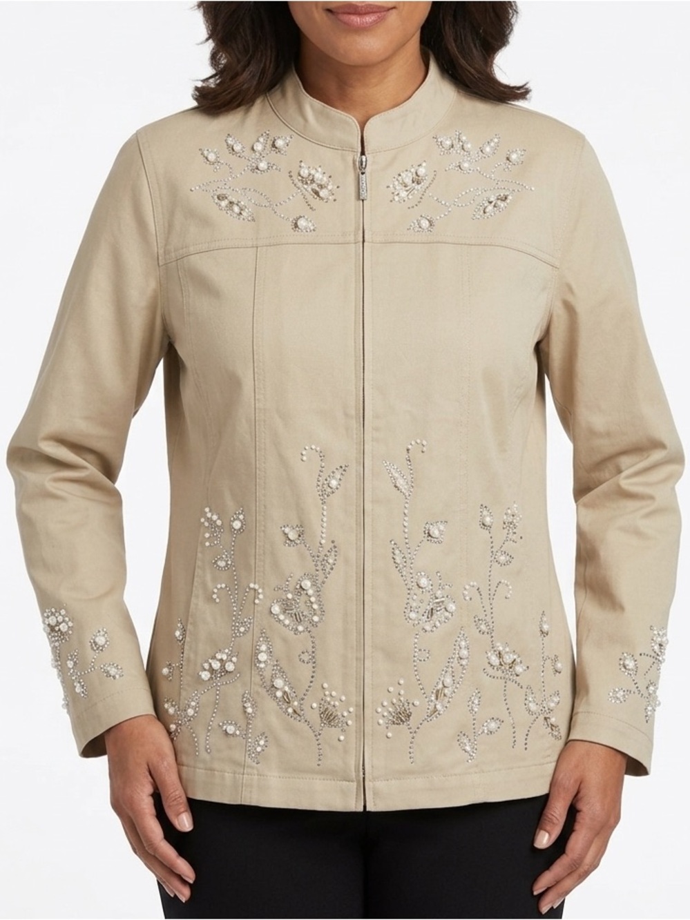 Quacker Factory Women's Jacket Stretch Long Sleeve Embellished Beige Size XL NWT